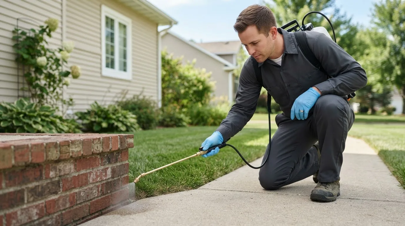 Pest control technician treating a home near Hicksville, NY