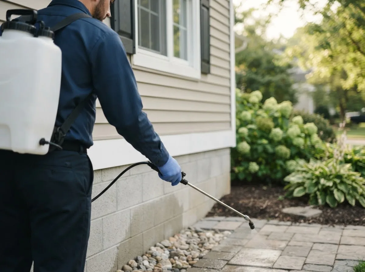 Pest control technician inspecting a home in Hicksville, NY